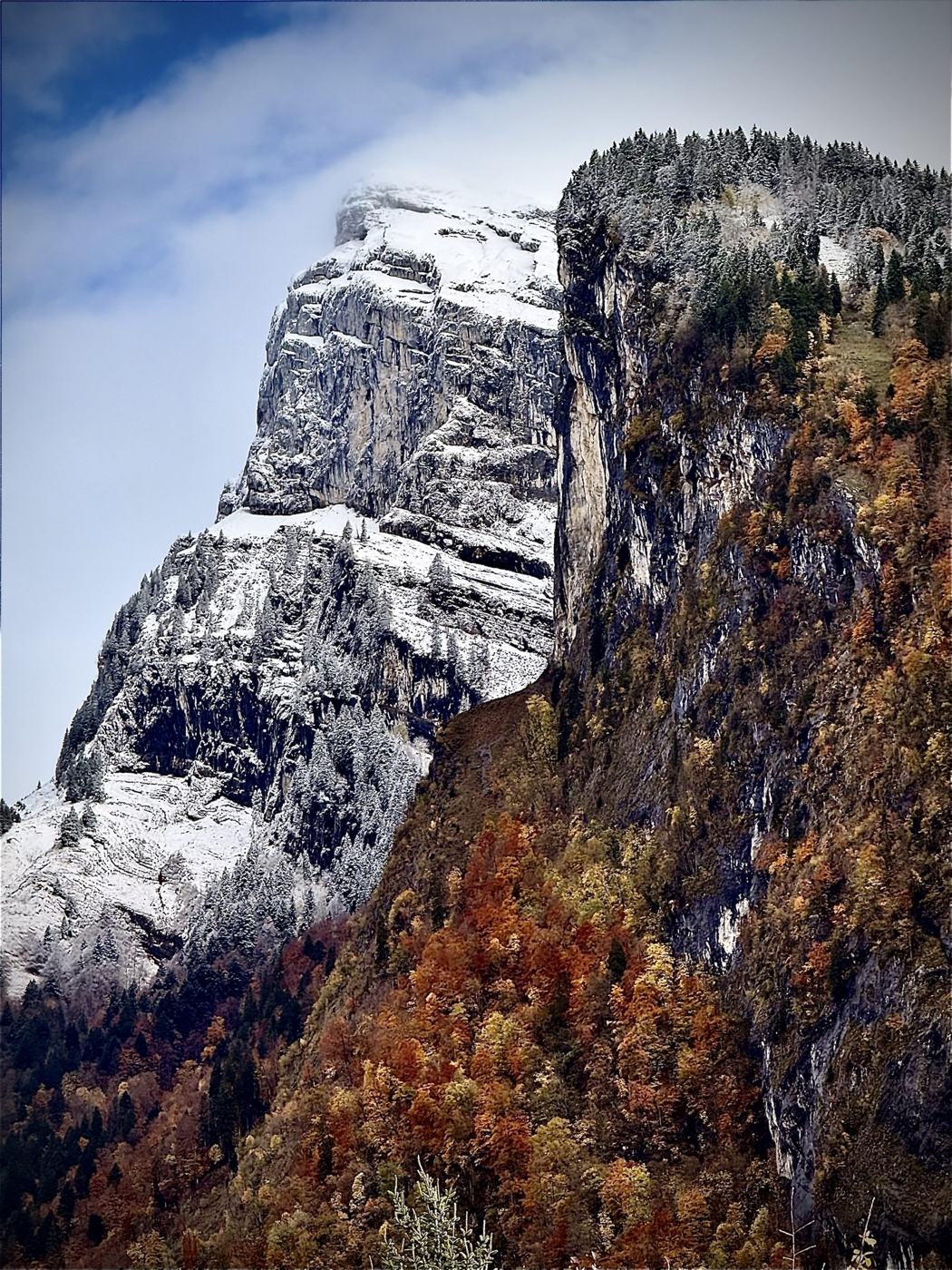 Snow-covered cliff above autumn forests near Samoëns